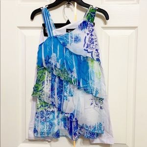 Amy Byer Blue White & Green Ruffled Top wi…